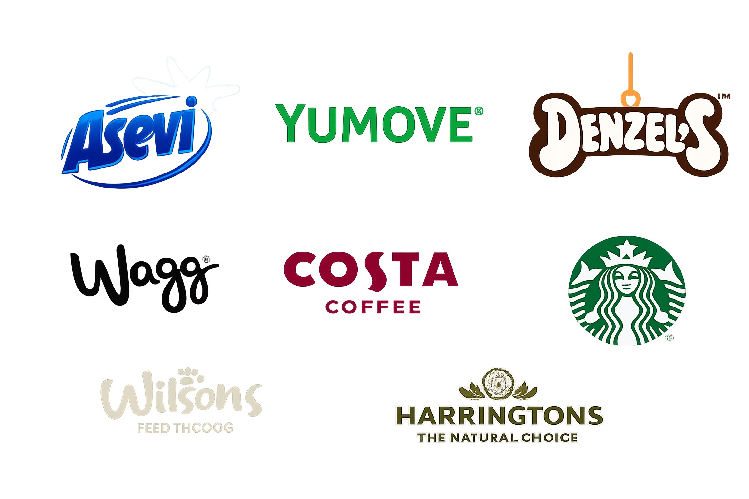 Brand logos including Asevi, Yumove, Denzels, Wagg, Costa, Starbucks, Wilsons and Harringtons